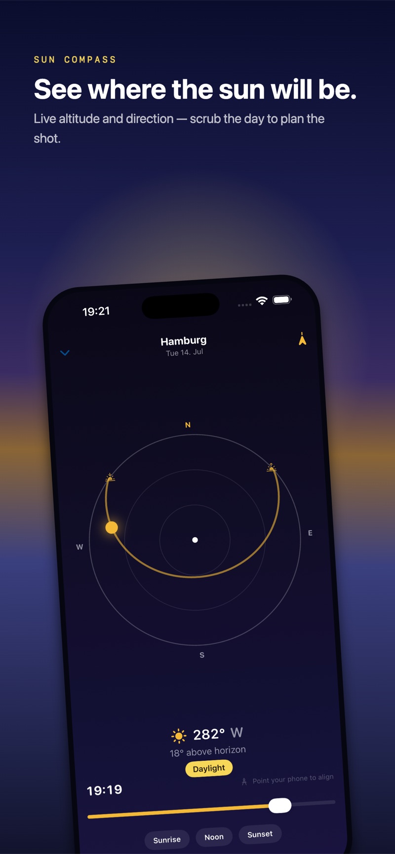 DawnTracker sun compass screen