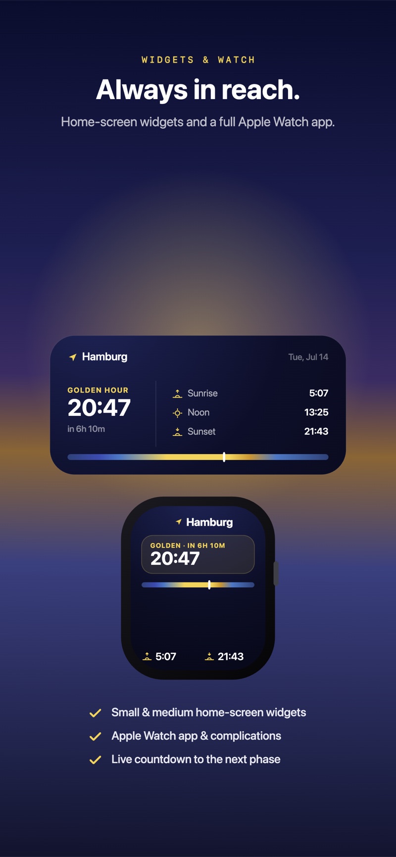 DawnTracker home-screen widget and Apple Watch app showing golden hour countdown
