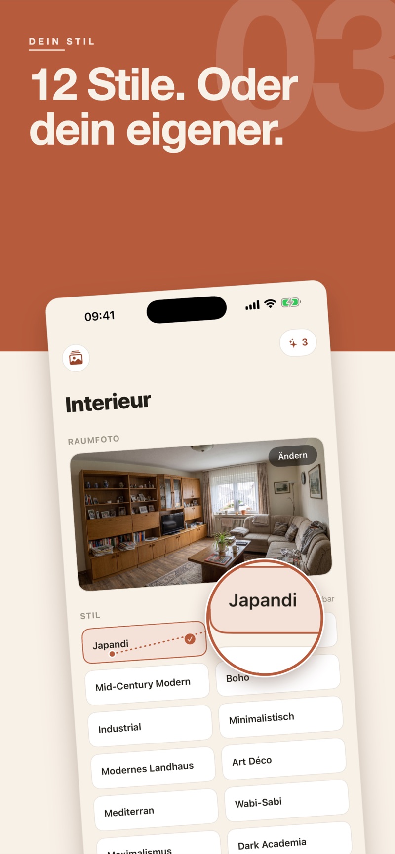 Interieur home screen: your room photo above the style list, Japandi selected